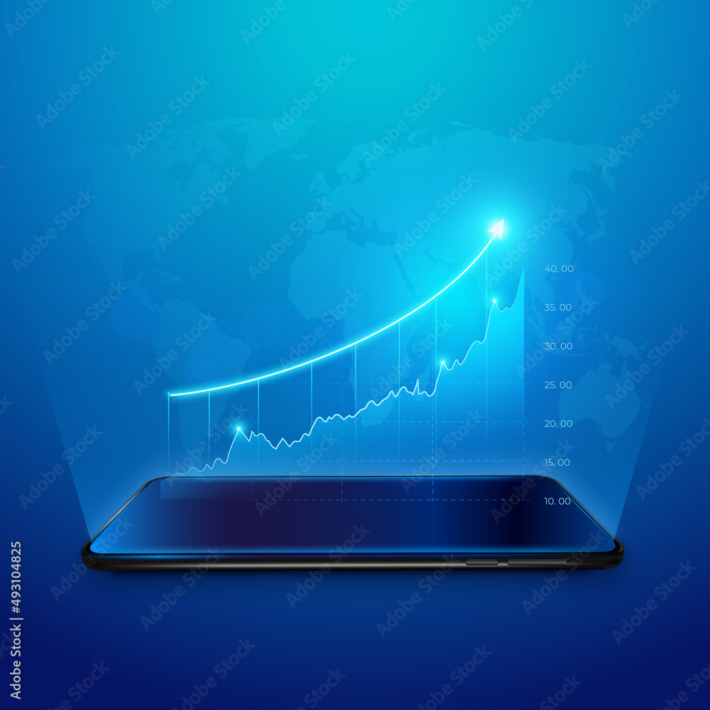 Poster development to success concept. infographic with 3d phone. marketing diagrams and charts on smartpho