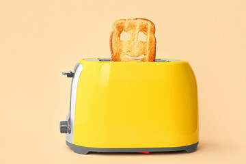 Funny slice of bread in toaster on beige background