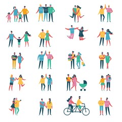 Illustration with happy cartoon couples of people. Happy friends, parents, lovers on date, hugging, dancing, couples with kids. Vector illustration isolated