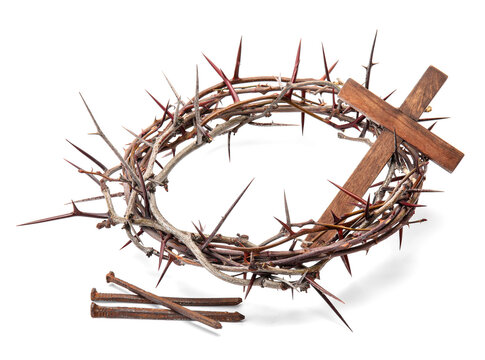 Crown of thorns with cross and nails on white background