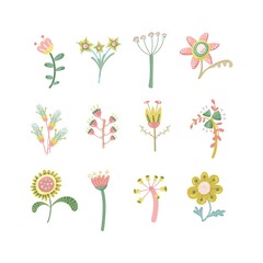 Bouquet maker - different flowers vector elements. Colored bouquet. Collection of various bright flowers isolated on a white background.  Flat design. Vector illustration.