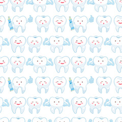 teeth, doodle style seamless pattern, pediatric dentistry cute teeth, cartoon images of white teeth, seamless pattern on a white background