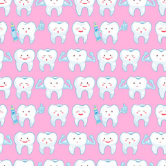 teeth, doodle style seamless pattern, pediatric dentistry, pink cute teeth, cartoon images of white teeth, seamless pattern on a pink background