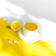 Orange drink in glass cup, on white and yellow background.