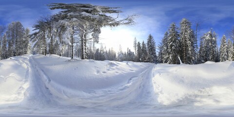 Fototapeta na wymiar Winter snowy landscape in the mointains HDRI panorama