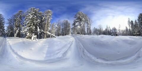 Fototapeta na wymiar Winter snowy landscape in the mointains HDRI panorama