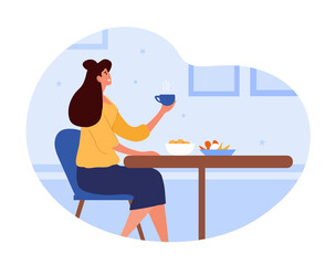 Girl sits with cup. Comfort and coziness, employee has breakfast in kitchen. Freelancer in apartment. Morning and refreshing drink, hot coffee or tea in mug. Cartoon flat vector illustration
