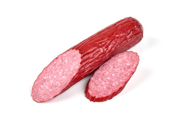Salami Sausage Stick, dried meat, close-up, isolated on white background.