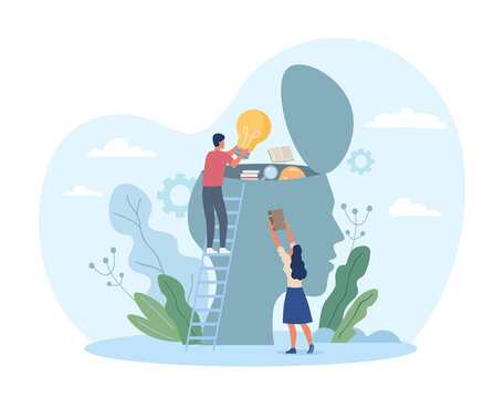 Human head concept. Man and girl evaluate knowledge. Characters examine contents of silhouette. Metaphor of psychology and brain study. Education and learning. Cartoon flat vector illustration