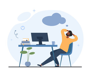 Man relaxing at workplace. Guy sleeping or dreaming, freelancer or lazy employee. Rest and recuperation, emotional exhaustion and overworked manager. Tempolate. Cartoon flat vector illustration