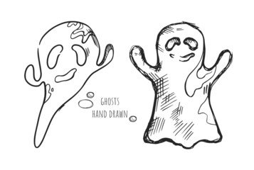 Vector set with several hand-drawn ghosts. Decorative element for festive Halloween layouts design.  Quick sketch on paper with a pencil or pen. Contour drawing with rough shading. Flat icons.