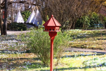 Cute red birdhouse in the beautiful park. Early spring day. Selective focus. 