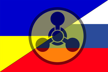 Ukraine Russia. Chemical weapons. Ukrainian flag and Russia flag with chemical weapons symbol. Illustration of the flag of Ukraine. Horizontal design. Abstract design. Illustration. Map.