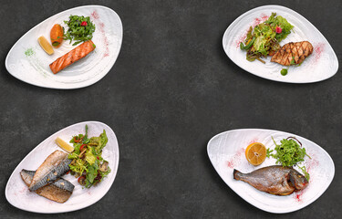 Assorted fried fish, on a dark background with space for text
