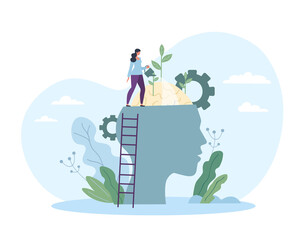 Personal growth concept. Girl with watering can waters brain, abstract pictures, education. Invest in yourself, motivational poster or banner and self development. Cartoon flat vector illustration