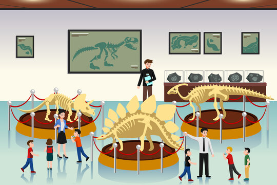 School Chidren Field Trip to Dinosaurs Museum Vector Illustration