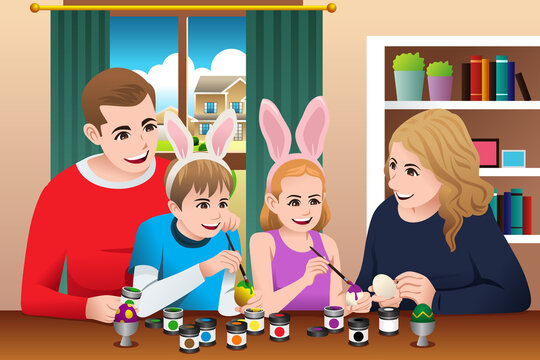 Happy Family Celebrating Easter Painting Easter Egg Vector Illustration