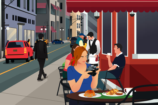 Food Blogger Taking Pictures of the Food in a Restaurant Vector Illustration