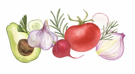 Food menu banner. Watercolor handdrawn vegetables, garlic, cucumber, salad, tomato, organic, avocado
