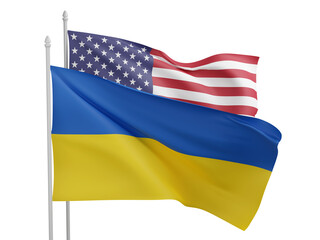 Ukrainian flag next to the United States flag. 3d illustration.