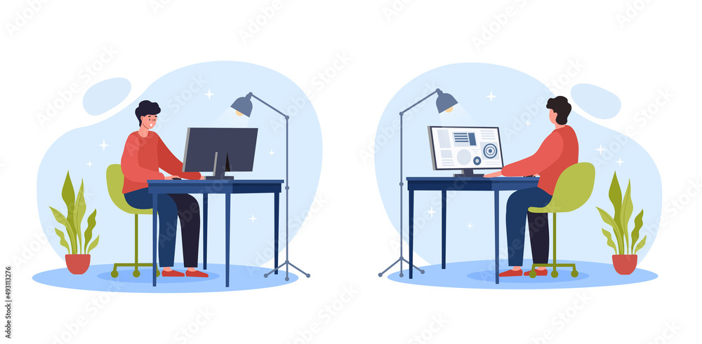 Poster work on computer. programmer and freelancer, workplace employee. modern technologies, character in o