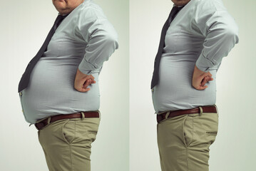 Less fat, more me. Before and after studio shot of a businessmans weight loss.