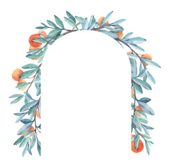 Arch frame of twigs with green leaves, pale pink flowers and juicy orange orange fruits. Painted in watercolor, isolated on a white background. For cards, wedding invitations, notebooks, scrapbooking