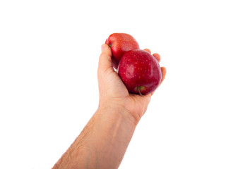 Red apple in man hands isolated on white background. 
