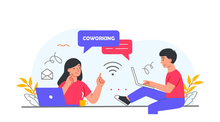 Concept of coworking. Man and girl discussing work issues, colleagues, employees working on same project. Freelancers and modern office. Development of company. Cartoon flat vector illustration