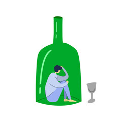 The girl suffers from alcoholism. A man is sitting in an alcohol bottle