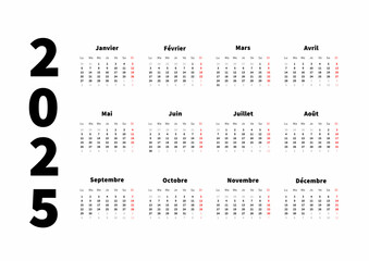 2025 year simple horizontal calendar in french, typographic calendar isolated on white