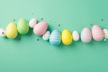 Top view photo of easter decorations glowing confetti and row of multicolored easter eggs on isolated teal background with copyspace