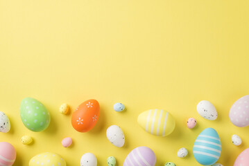 Top view of multicolored Easter eggs and quail ones situated on the isolated yellow background copyspace