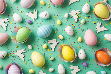 Fototapeta na wymiar Top view photo of easter decorations multicolored easter eggs in paper baking molds confectionery topping and easter bunnies on isolated pastel green background