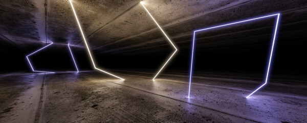 empty futuristic neon light dark concrete basement 3d render illustration