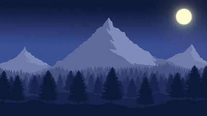 Mountains in the night forest with a full moon