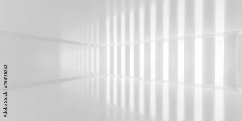 Poster empty modern white studio room with glossy floor and reflections 3d render illustration