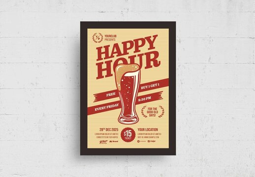 Happy Hour Flyer Poster with Beer Illustrations