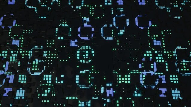 Hi tech pattern on plane surface, neon glow, complex elements and structure. 3d objects form sci fi composition on surface 3d pattern. 4k looped animation. Information technology, futuristic hardware