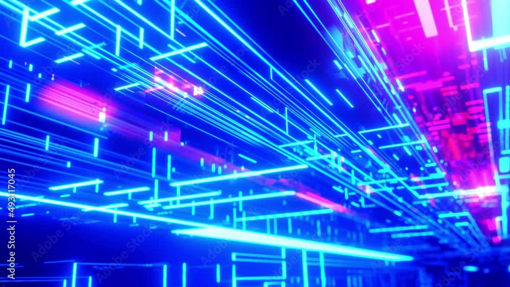 Poster neon light, sci-fi constructions, mysterious 3d objects and hologram. flight through hi-tech technol