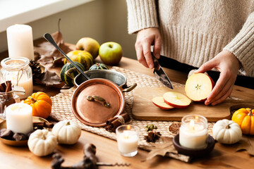 Young woman preparing hot autumn drink: mulled wine with spices, fruits. Natural ingreduents: cinnamon, anise, cardamon, clove, apple, orange. Cozy home atmosphere