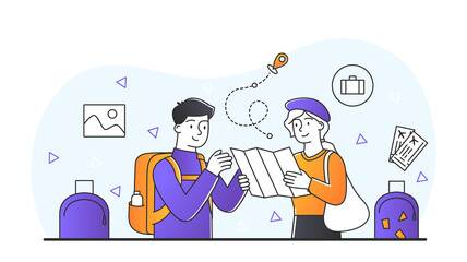 People with travel bag. Man and girl with map look at route. Tourists in another country, vacation and active lifestyle. Characters move, immigration and trip. Cartoon flat vector illustration