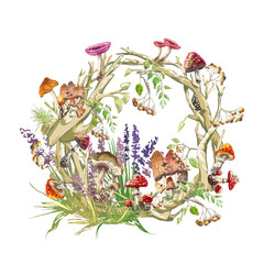 mushrooms, berries, grass wreath of tree branches with mushrooms, berries, grass, lavender flowers, bunches, rowan berries, hand drawing, vector template for design