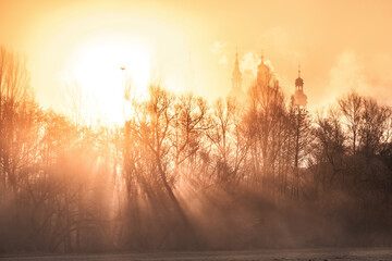 Sunrise in Fulda with the silhoutte of the cathedral. - obrazy, fototapety, plakaty