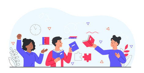 Fototapeta premium Sharing book concept. Useful hobby and friendship. Education and self development. Design for greeting cards for world literature day, international holidays. Cartoon flat vector illustration
