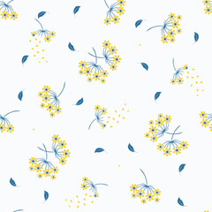 Vector seamless pattern with small scattered  yellow flowers, blue leaves on a white background. Liberty style print. Simple ditsy texture. Modern repeat design for wallpaper, fabric, textile, linen