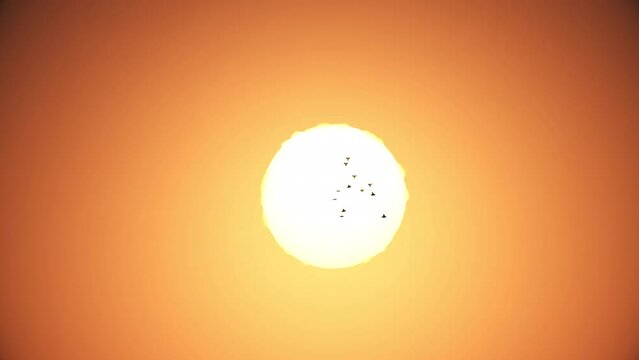 Flock of birds flying in the sky and sun heat aura effect in background with 3d rendering.