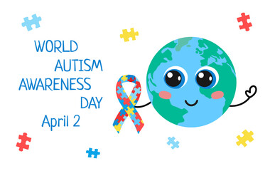 World Autism Awareness Day. Cute Earth planet holds awareness ribbon with puzzles. Vector poster, banner. April 2 Autism day text. Vector flat illustration