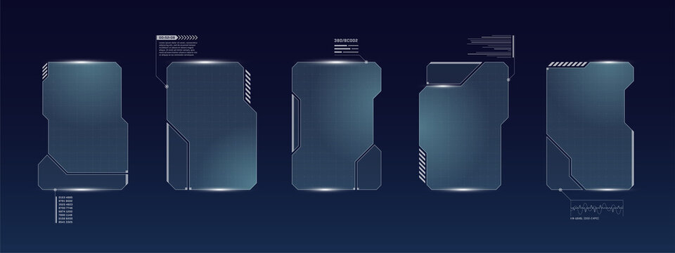HUD digital futuristic user interface square frame set. Sci Fi high tech screens. Gaming menu touching cyber monitoring dashboard panels. Cyberspace head-up display technology information sign concept