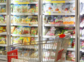 empty grocery cart in an empty supermarket